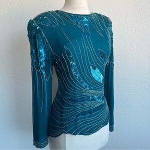 💓Scala Vintage 100% Long Sleeve Blue Blouse With Exquisite Sequin Design - S/M